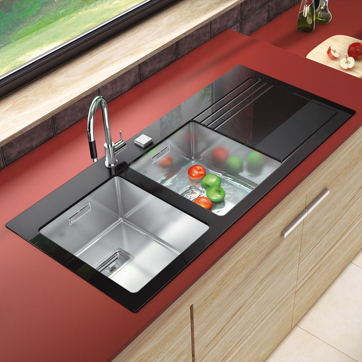 Chiuveta-bucatarie-inox-premium-CookingAid-Tempered-Glass-Duo-cu-baterie-Line-MN-1011