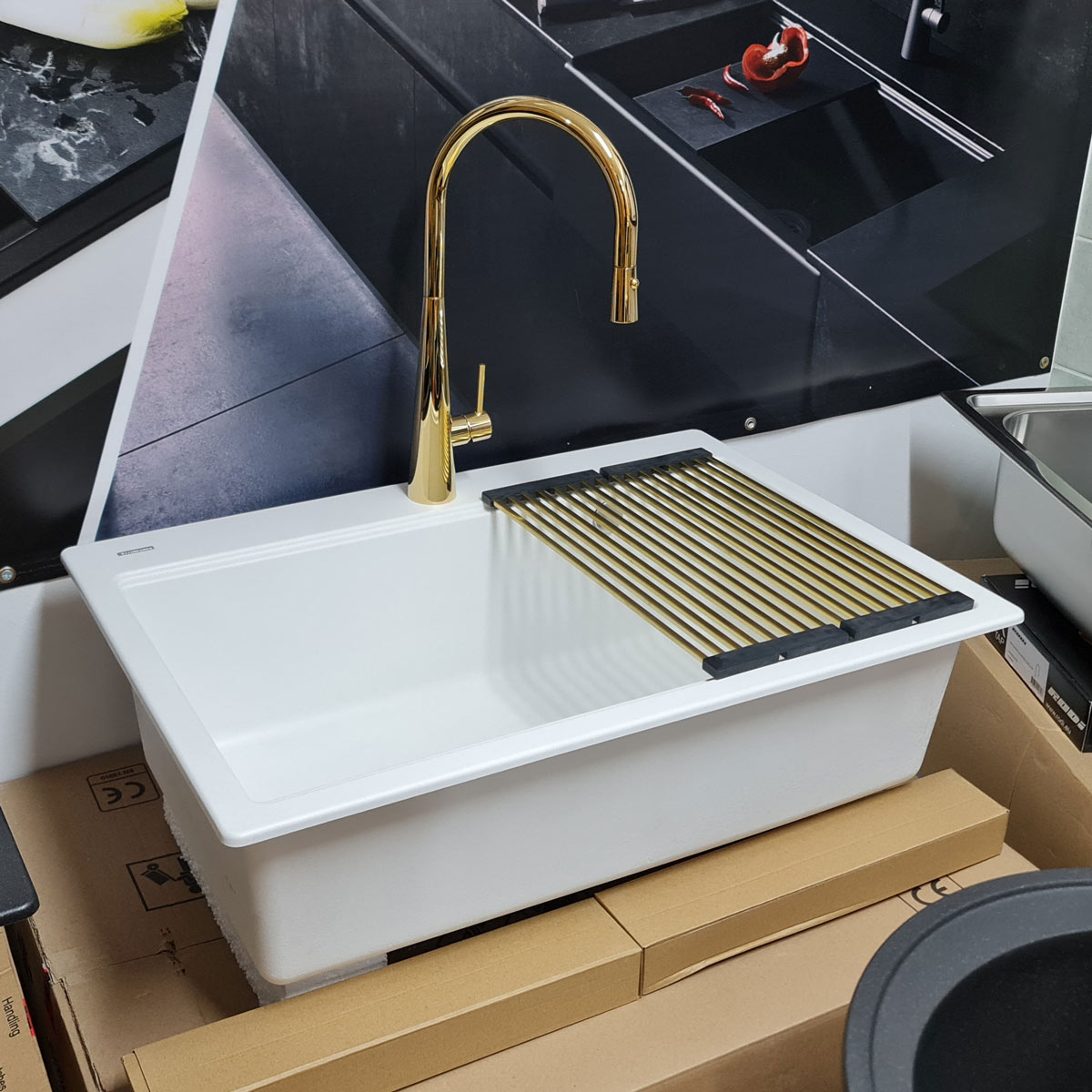 Chiuveta-Bucatarie-Granit-CookingAid-Cube-ON3322-Polar-White-Baterie-Newmix-Gold